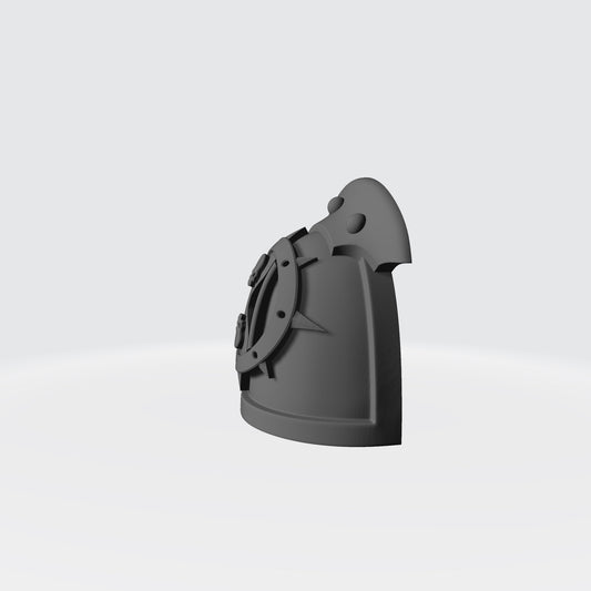 The Dreadwing MKIII Shoulder Pad Gen: 3 Pauldron 3 Quarter Studded (with Rivets) Sword Breaker Left Shoulder is compatible with the Dark Angels Legion JoyToy 1:18th Scale Space Marines*, from the Heresy era. Left Angle
