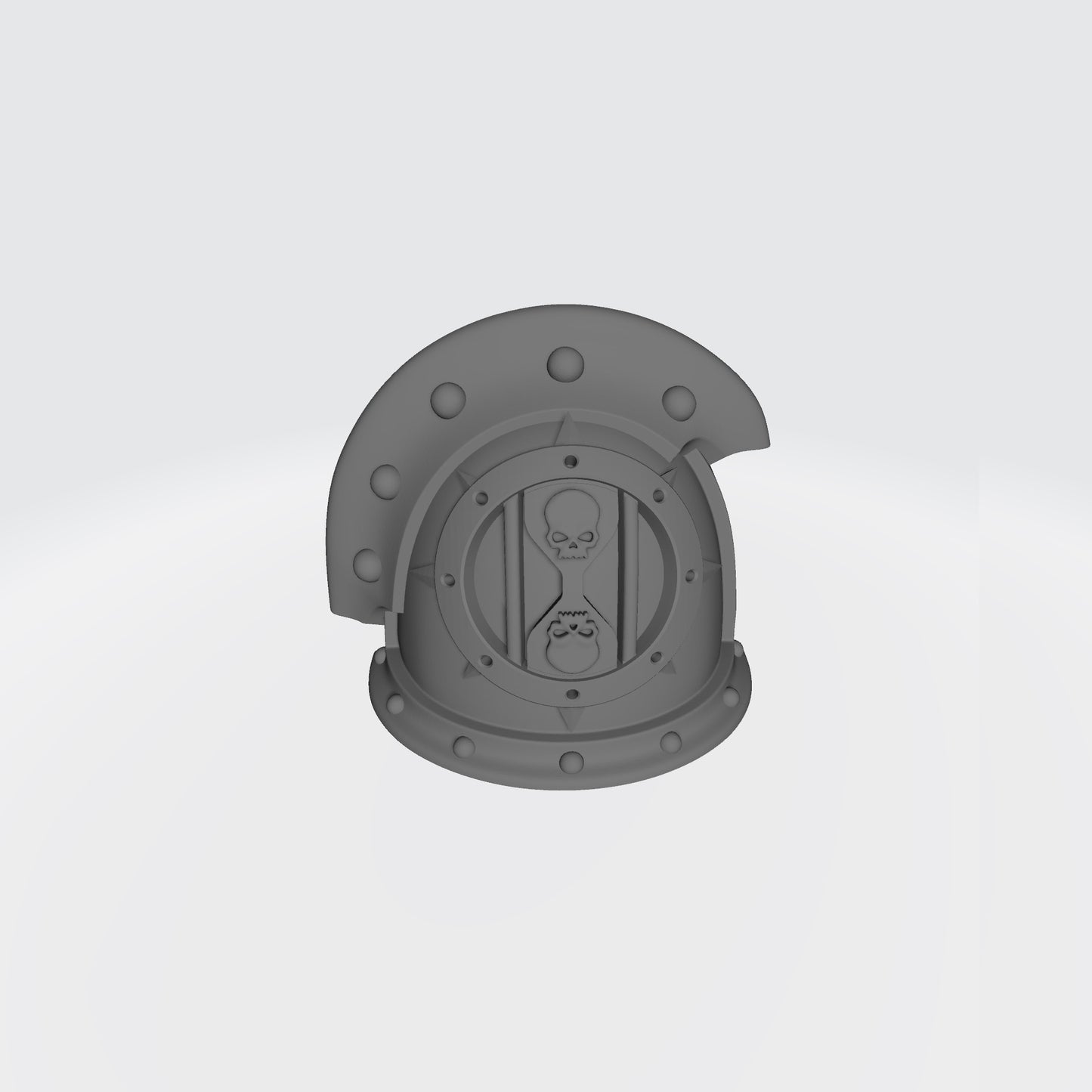 The 18th Scale Armory Dreadwing MKIII Shoulder Pad Gen: 3 Pauldron 3 Quarter Studded Sword Breaker with Double Rivets on the Left Shoulder is compatible with the Dark Angels Legion JoyToy Space Marines*, from the Heresy era.
