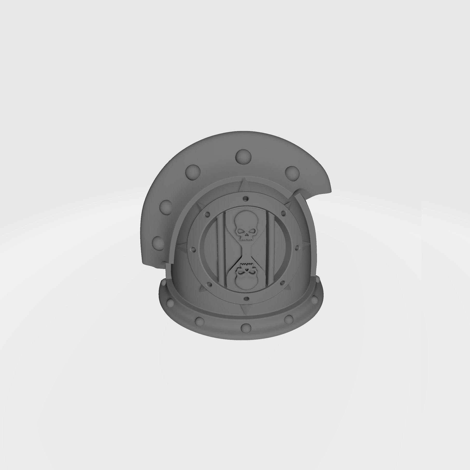 The 18th Scale Armory Dreadwing MKIII Shoulder Pad Gen: 3 Pauldron 3 Quarter Studded Sword Breaker with Double Rivets on the Left Shoulder is compatible with the Dark Angels Legion JoyToy Space Marines*, from the Heresy era.
