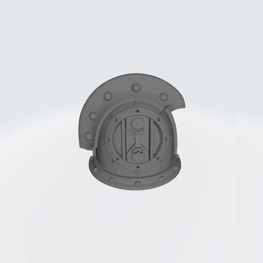 The 18th Scale Armory Dreadwing MKIII Shoulder Pad Gen: 3 Pauldron 3 Quarter Studded Sword Breaker with Double Rivets on the Left Shoulder is compatible with the Dark Angels Legion JoyToy Space Marines*, from the Heresy era.