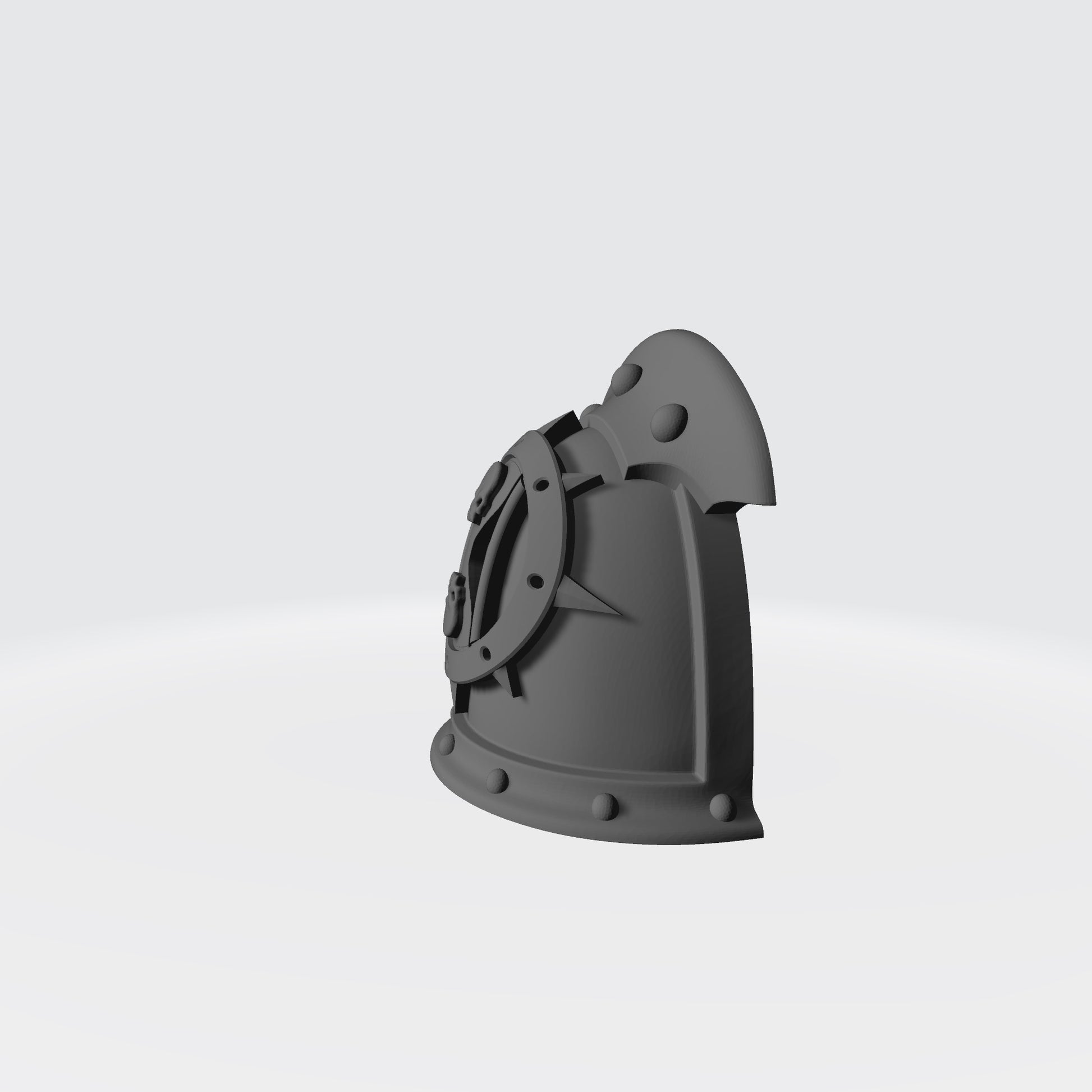 The Left Angle of the Dreadwing MKIII Shoulder Pad Gen: 3 Pauldron 3 Quarter Studded Sword Breaker with Double Rivets Left Shoulder is compatible with the Dark Angels Legion JoyToy 1:18th Scale Space Marines*, from the Heresy era.
