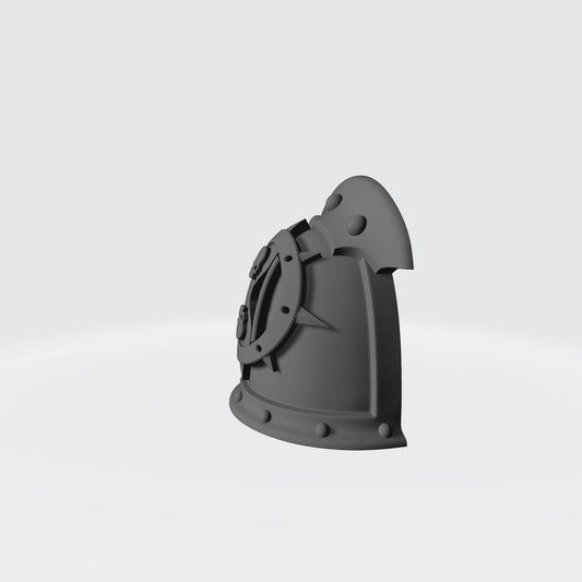 The Left Angle of the Dreadwing MKIII Shoulder Pad Gen: 3 Pauldron 3 Quarter Studded Sword Breaker with Double Rivets Left Shoulder is compatible with the Dark Angels Legion JoyToy 1:18th Scale Space Marines*, from the Heresy era.