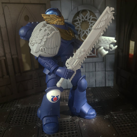 Ultramarine Teeth of Terra Chainsword with Skull Pommel for JoyToy Space Marine Action Figures Custom 1:18th Scale Parts