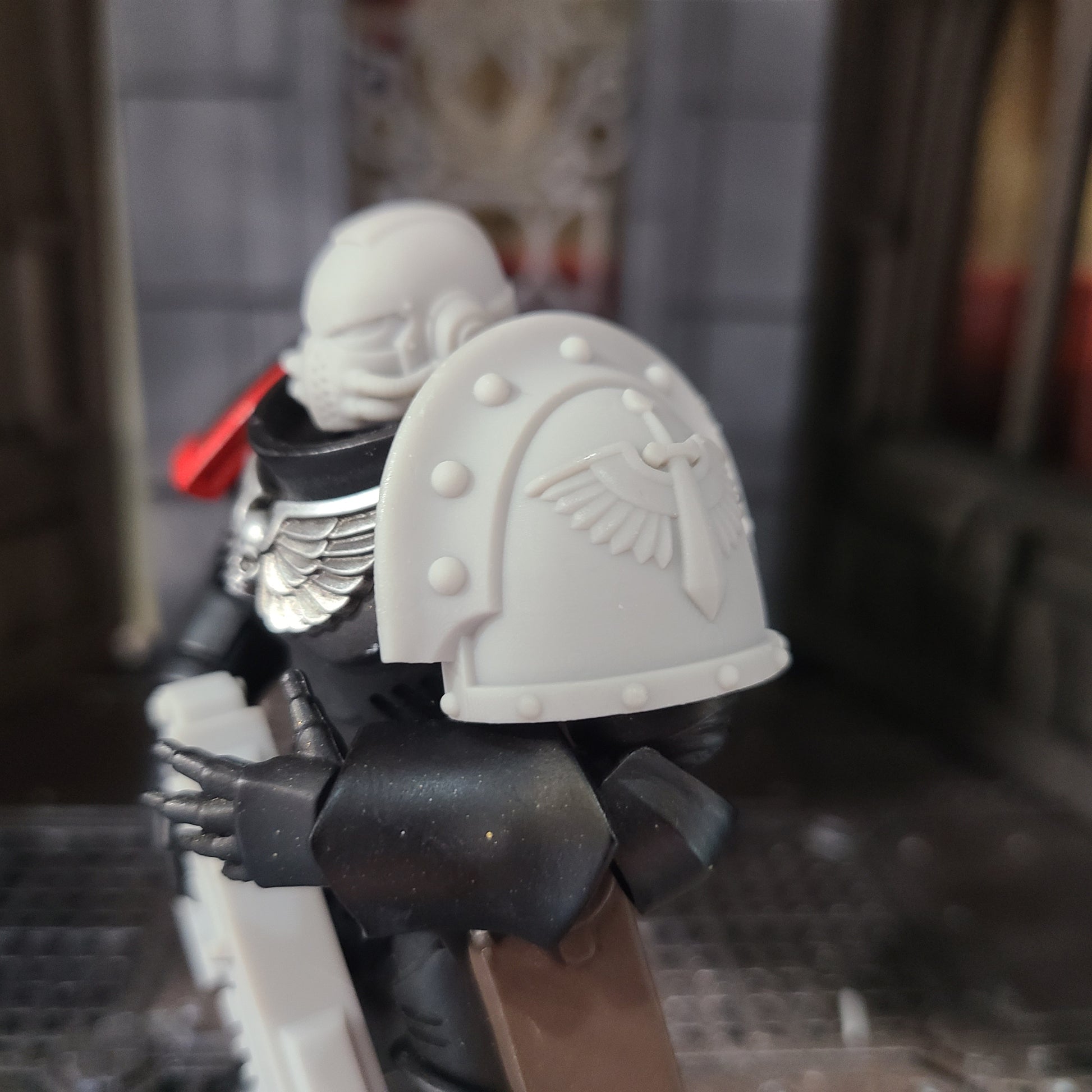 The 18th Scale Armory Dark Angels MKIII Shoulder Pad Gen: 3 Pauldron are compatible with the Dark Angels Legion JoyToy Space Marines*, from the Heresy era.
