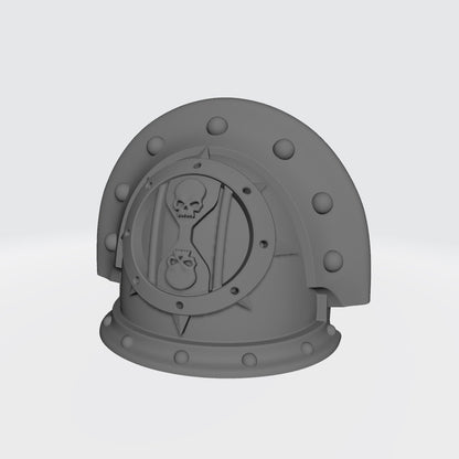 The 18th Scale Armory Dreadwing MKIII Shoulder Pad Gen: 3 Pauldron Full Sword Breaker Studded Double Rivets is compatible with the Dark Angels Legion JoyToy Space Marines*, from the Heresy era.