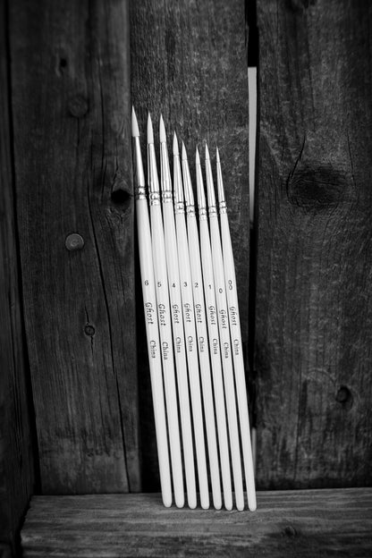 Set of Ghost paintbrushes leaning against a wooden surface