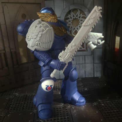 Ultramarine Teeth of Terra Chainsword with Skull Pommel for JoyToy Space Marine Action Figures Custom 1:18th Scale Parts 