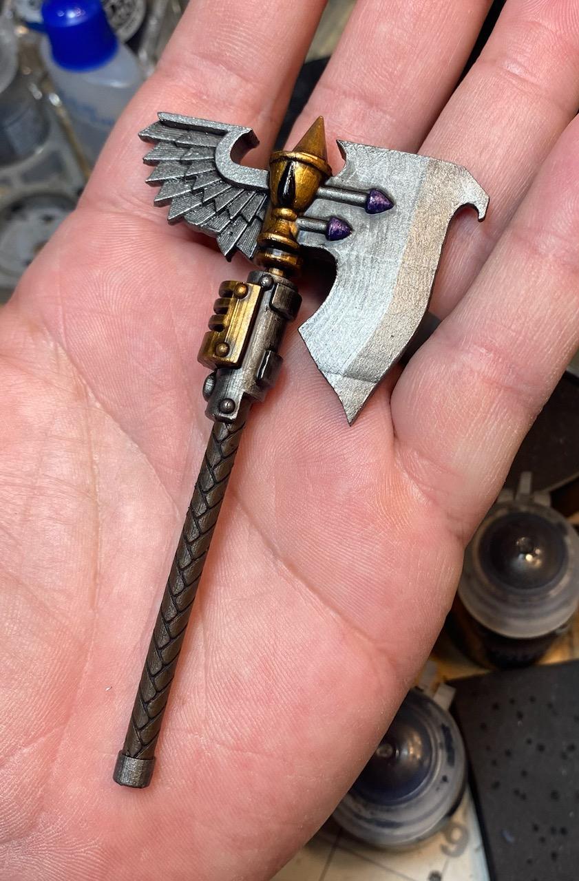 3D Printed and Painted Sanguis Warrior Order Blood Drop Chalice Power Axe custom resin weapon designed to fit JoyToy 1:18 scale armored action figures.
