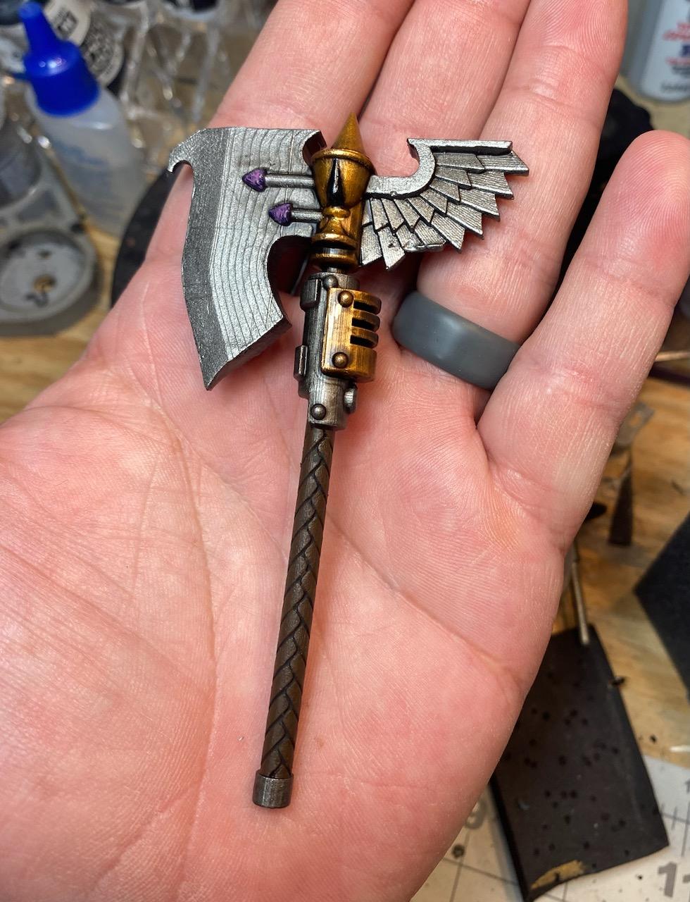 Sanguis Warrior Order Blood Drop Chalice Power Axe custom resin weapon designed to fit JoyToy 1:18 scale armored action figures.